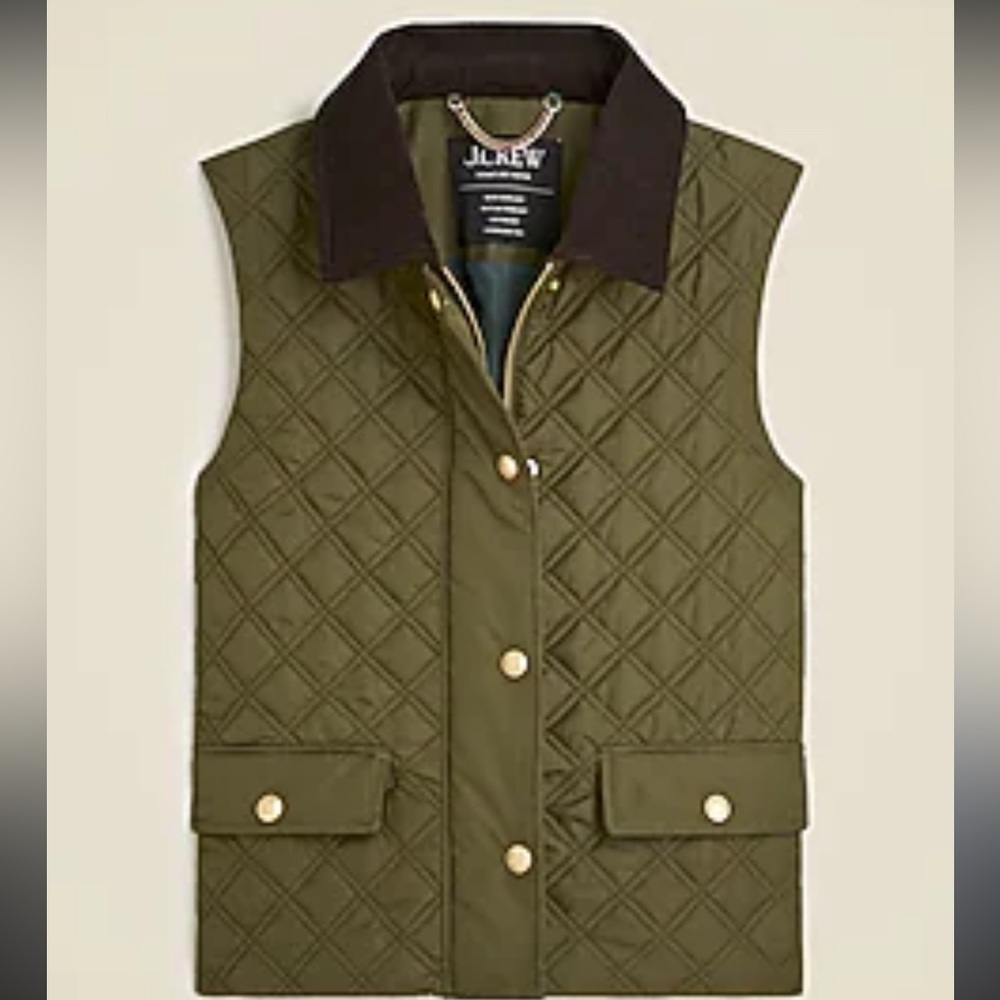 J. Crew Olive Quilted Vest with Brown Collar